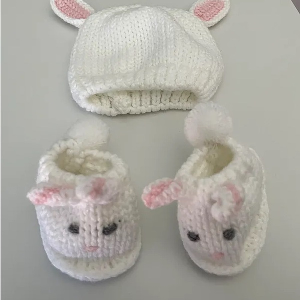 Adorable White and Pink Knit Baby Hat and Booties Set